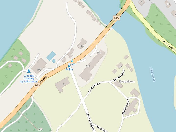 Kart over Bukta på Sandane. Sandane Dekkservice ligg ved Sørstrandsvegen 190, ved riksveg 615.
